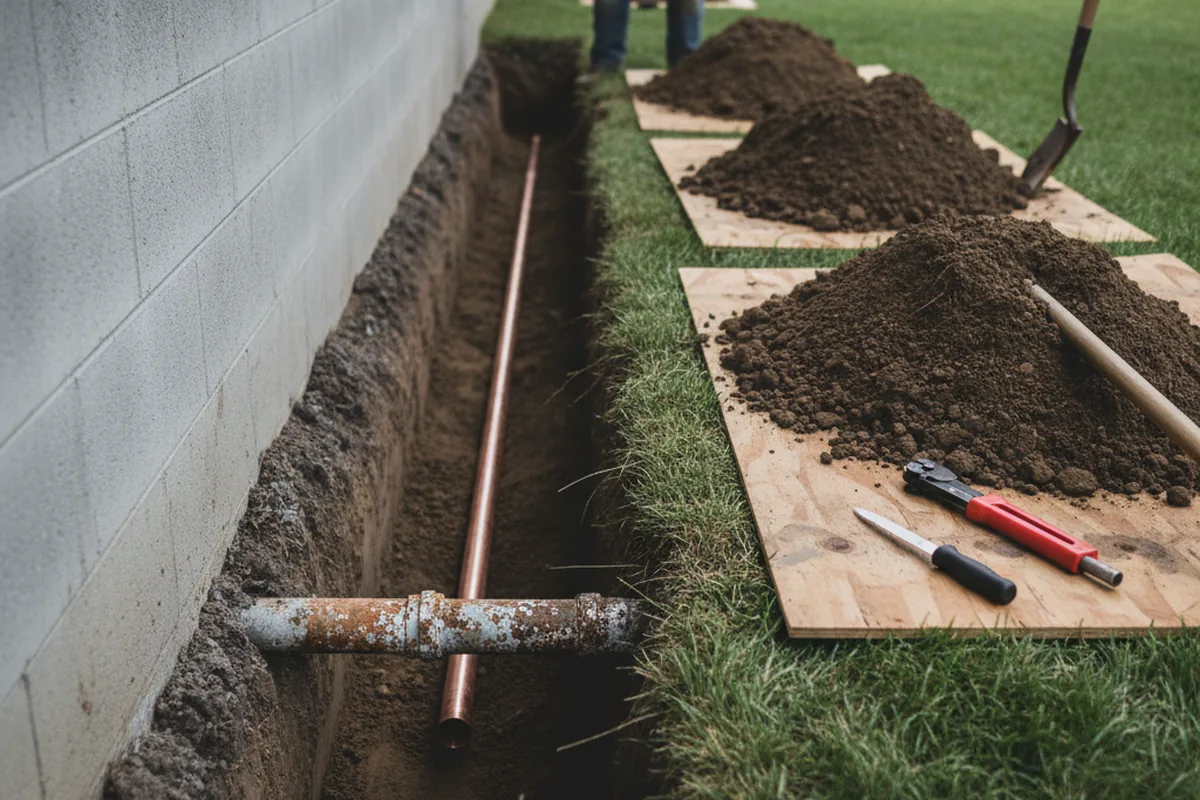 Excavated water line trench during Water Softener Installation in Warren